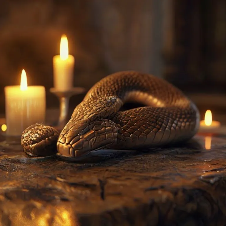 Figura de serpiente de madera antigua sobre una piedra, iluminada por la luz suave de velas, evocando contemplación y misterio.