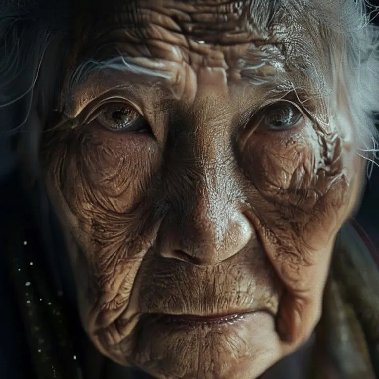 Rostro de una mujer mayor con profundas arrugas, que reflejan sabiduría y conexión con la tradición oriental y el autoconocimiento.