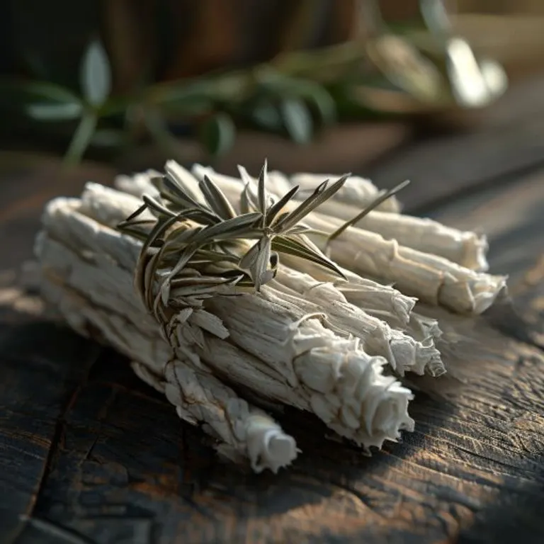 Atado de salvia blanca y palo santo sobre una mesa de madera rústica, listos para un ritual de limpieza.