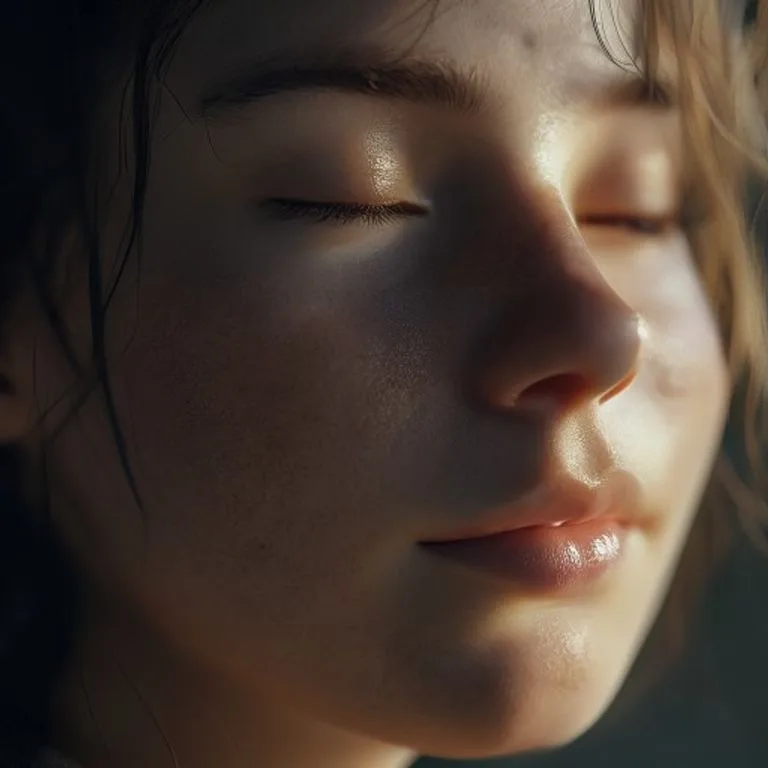Rostro sereno de una persona meditando, con los ojos cerrados y una expresión de paz interior.