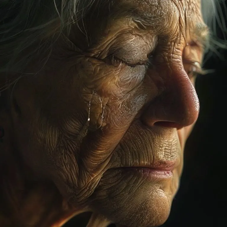 Primer plano extremo del rostro de una mujer mayor con ojos cerrados y una lágrima, simbolizando esperanza y fe en la oración.