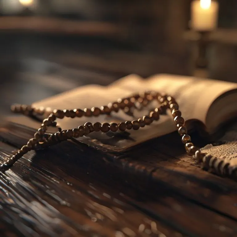 Un rosario antiguo y desgastado descansa sobre un libro de oraciones abierto en una superficie de madera, con luz suave, simbolizando la tradición y la fe.