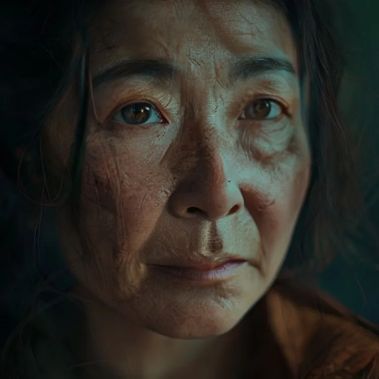 A serene Asian woman with an intuitive gaze, symbolizing the deep wisdom and perceptive nature of the Wood Snake, surrounded by subtle, flowing patterns.