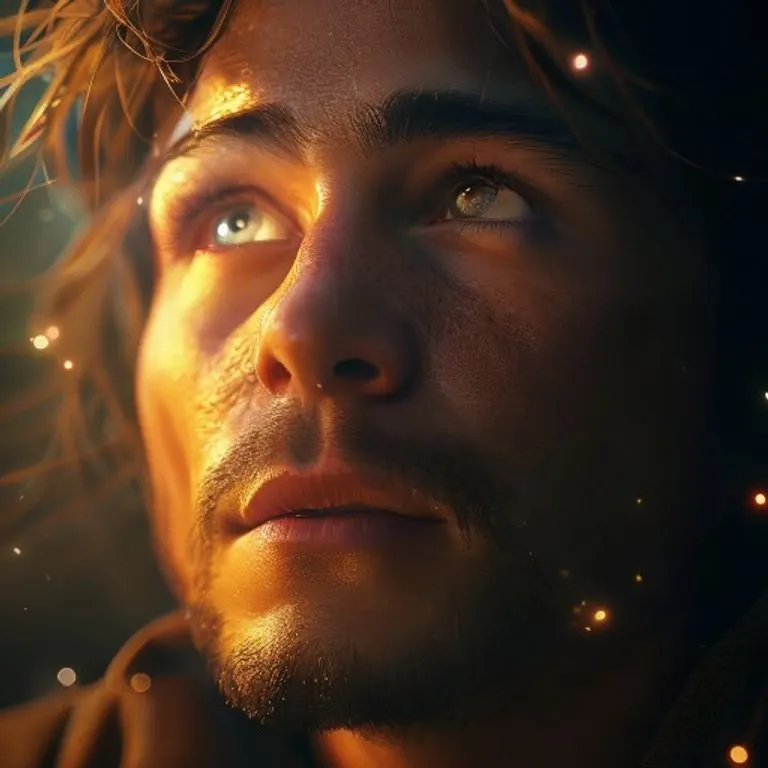 Close-up of a person meditating under ethereal light, symbolizing introspection and cosmic connection