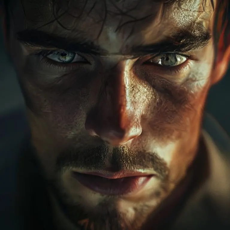 Close-up of an intense and passionate face, conveying the pioneering spirit of Aries.