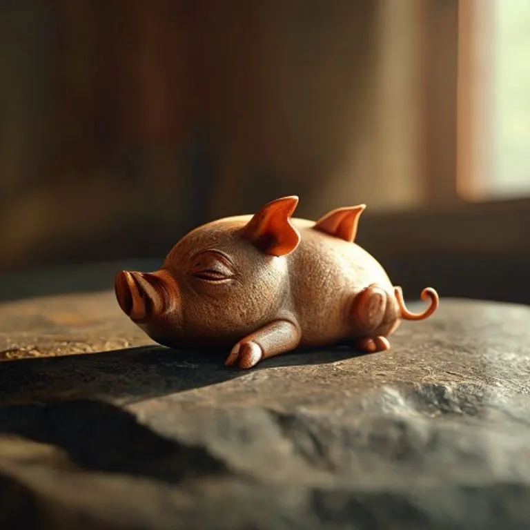 Figura de madera de un cerdo, transmitiendo una sensación de calma, tranquilidad y prosperidad en un entorno natural