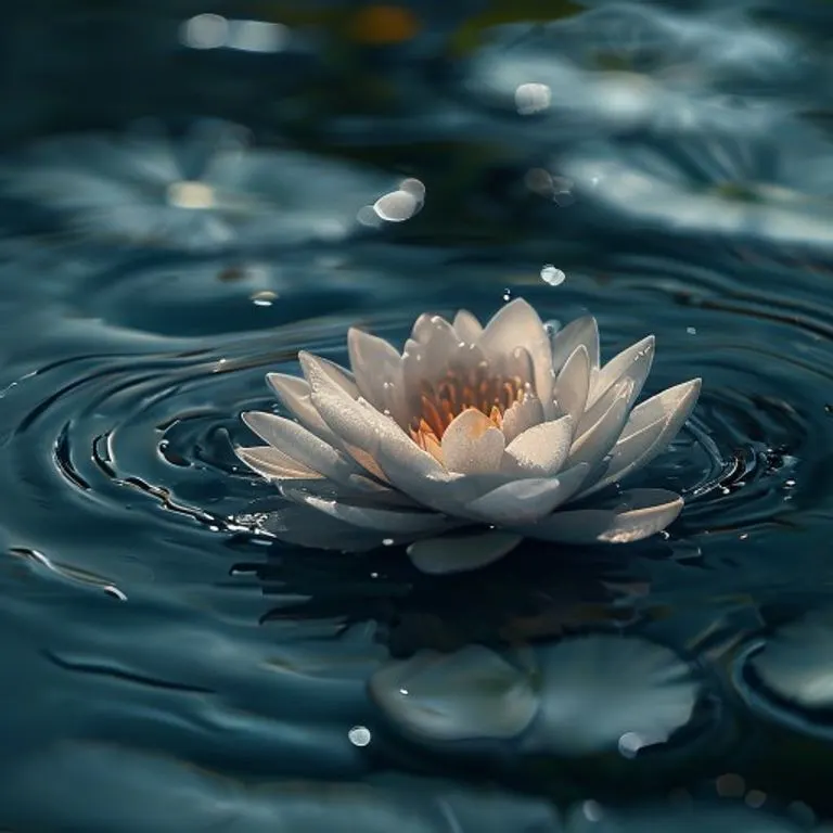 Un lirio de agua flotando serenamente en un estanque, evocando pureza, intuición y la naturaleza receptiva de las emociones.