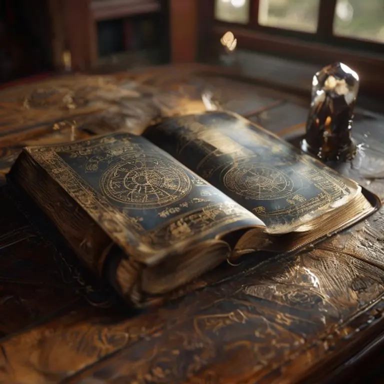 Símbolos Astrológicos: Claves de Interpretación Un libro antiguo abierto mostrando símbolos astrológicos y diagramas, con un cristal brillante al lado, sobre una mesa de madera.