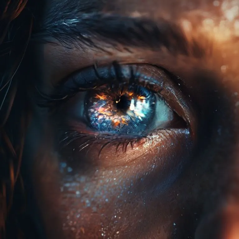 Mirada Cósmica: Conexión Espiritual y Reflexión Primer plano extremo de un ojo humano, reflejando un patrón cósmico abstracto, transmitiendo profunda reflexión y conexión espiritual.