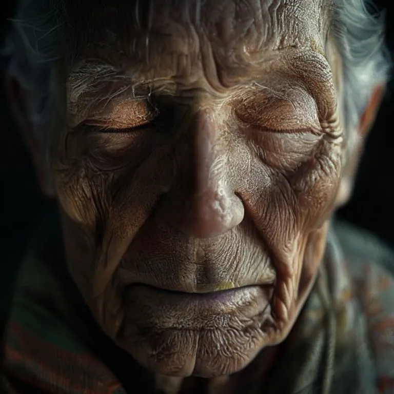 Rostro de anciano orando, ojos cerrados en paz.