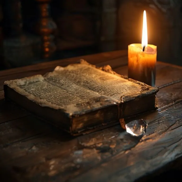 Un bodegón con textos sagrados antiguos, una vela encendida y un cristal brillante sobre una superficie de madera, simbolizando la sabiduría y la contemplación espiritual.