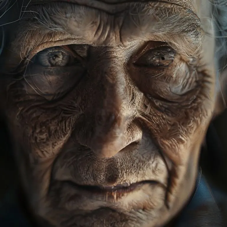 Un primer plano de un rostro sereno y sabio de una persona mayor, con ojos cerrados y una expresión de paz profunda, reflejando la serenidad que emana de la sabiduría espiritual.