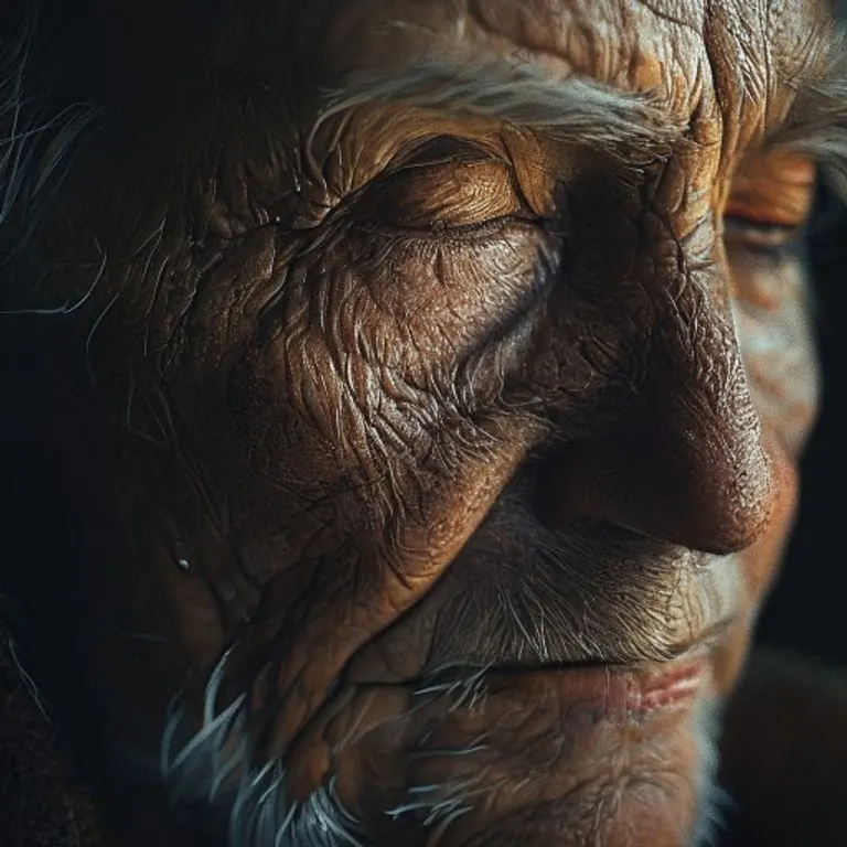 Un rostro sereno de una persona mayor, con arrugas que denotan sabiduría, en profunda reflexión o meditación, con una expresión de paz interior.