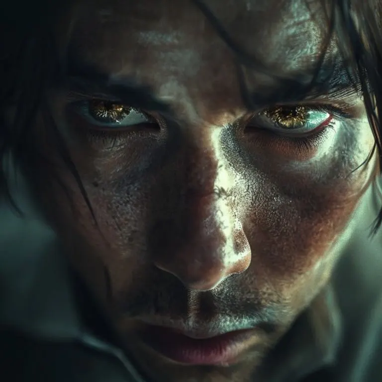 A close-up, cinematic photo of a person's concentrated face, eyes focused intently, suggesting deep thought and analytical perception. The lighting highlights subtle facial expressions of introspection.