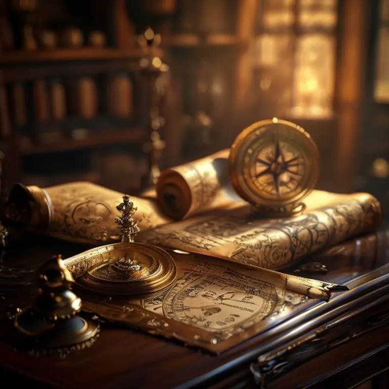 An antique engraving or illustration depicting a collection of old scrolls, a compass, and a quill pen on a wooden desk, symbolizing hidden knowledge, strategic direction, and intellectual pursuit.