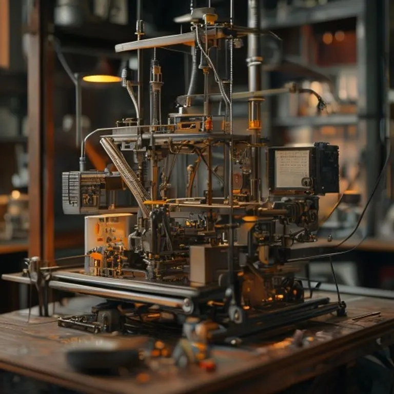 A still life photograph of a complex, miniature Rube Goldberg machine in motion, illustrating intricate problem-solving and innovative spirit.