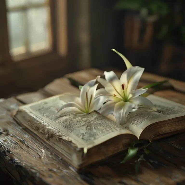 Libro de oraciones antiguo abierto, acompañado de un lirio blanco, simbolizando pureza y fe profunda.