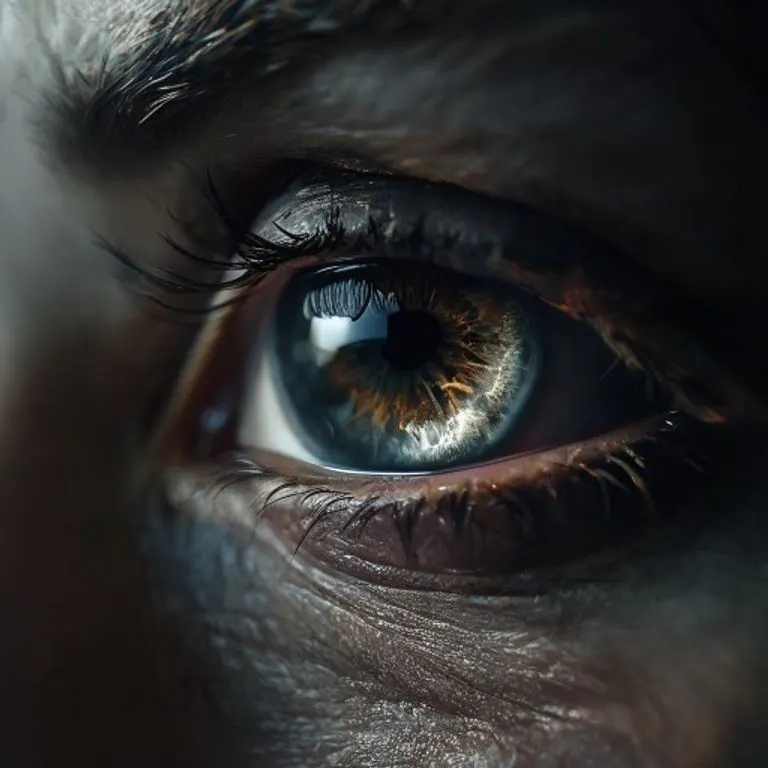 A detailed close-up of a wise, ancient eye, reflecting intricate patterns of metal and determination, symbolizing deep insight.