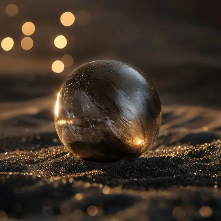 A polished metal sphere on sand, etched with subtle designs, symbolizes the refined strength and determination of the Metal Dragon.