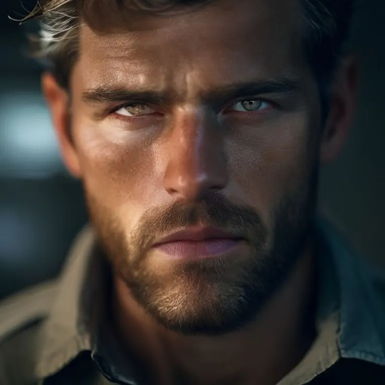 Retrato de un hombre con una postura erguida y expresión segura, con un sutil motivo de gallo o plumas integrado en su diseño, simbolizando confianza y determinación.