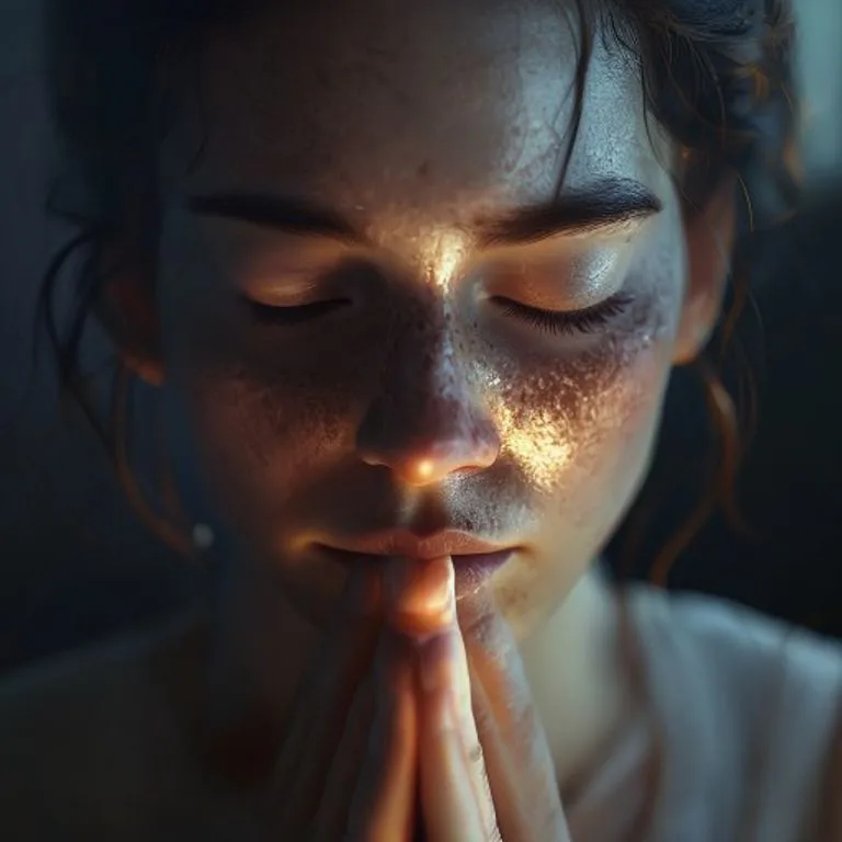 Un rostro en profunda oración, con expresión de fe y serenidad, simbolizando la conexión espiritual con lo divino.