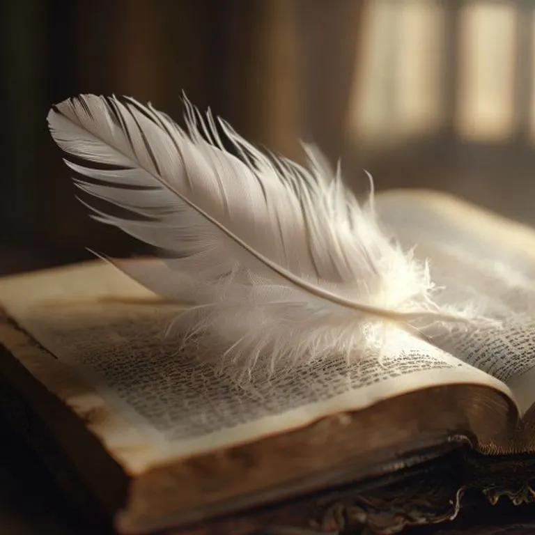 Una pluma antigua reposa sobre un libro abierto, con una luz suave, simbolizando la escritura de oraciones y mensajes divinos.