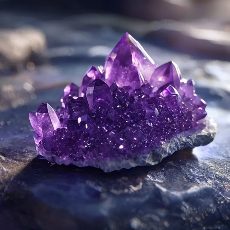 A vibrant amethyst crystal cluster, radiating calming energy and spiritual protection, often used in meditation and astrological practices.