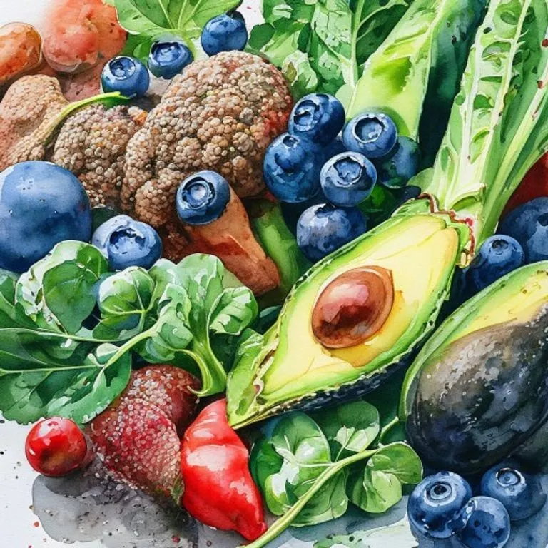 Ilustración acuarela de vegetales y frutas frescas, simbolizando una alimentación balanceada y natural.