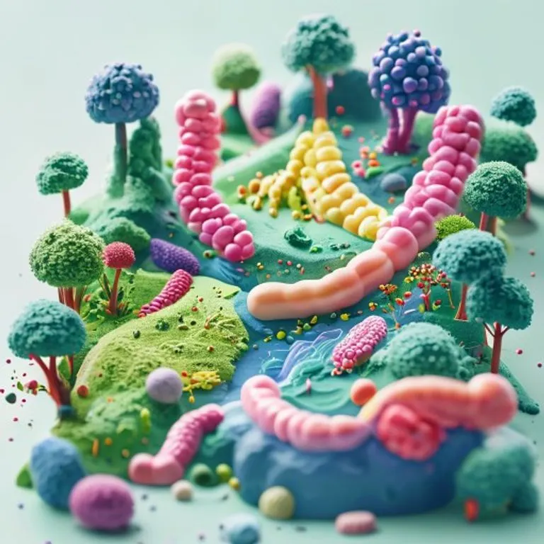 Representación 3D de la microbiota intestinal, mostrando la diversidad de microorganismos y su interacción.