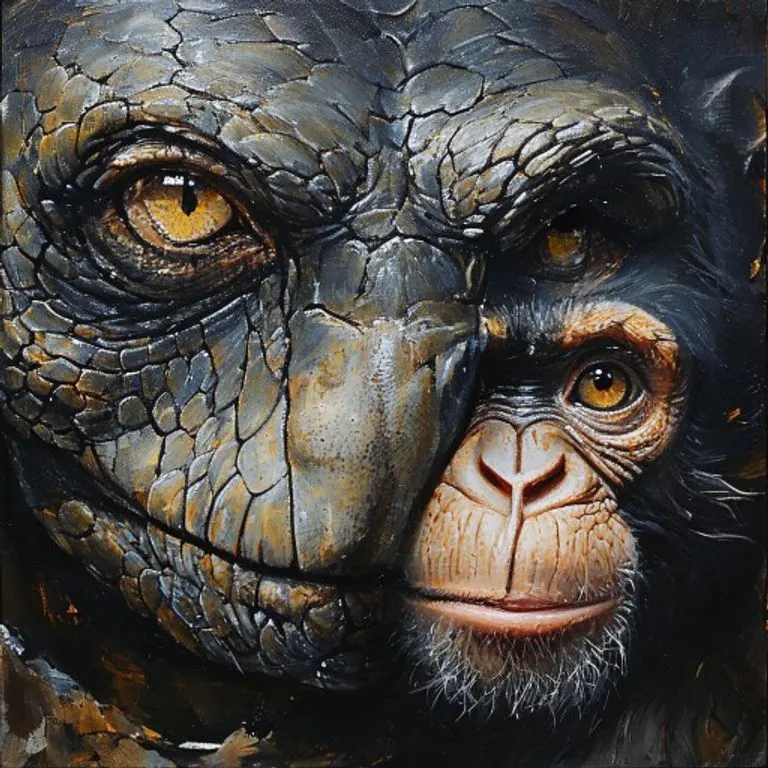 Pintura al óleo que captura la esencia de la Serpiente y el Mono, sus rasgos individuales y cómo se manifiestan en sus vidas, destacando su inteligencia y astucia.