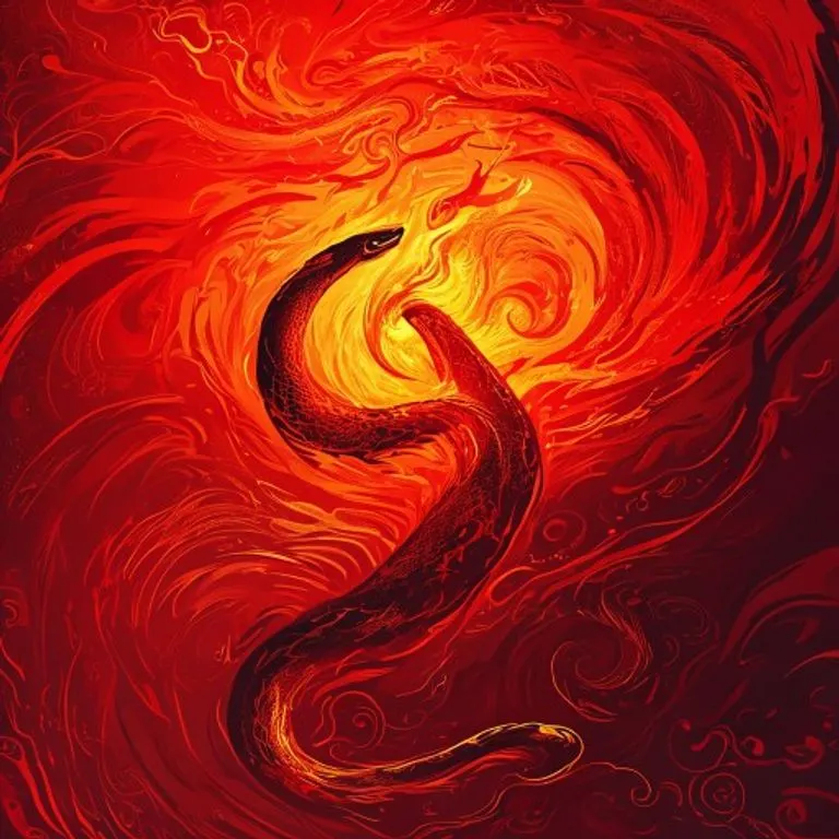 A conceptual rendering of the Fire element merging with the Snake's essence, depicted as dynamic, swirling flames around a serpentine form, symbolizing transformation and intense energy in Chinese astrology.