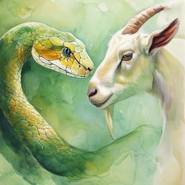 Delicada pintura de acuarela que representa los perfiles de una serpiente y una cabra, simbolizando su conexión introspectiva y comprensión mutua.
