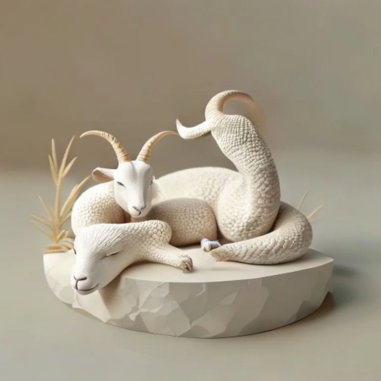 Renderizado 3D isométrico que muestra una serpiente y una cabra en un entorno de engranajes y formas geométricas, simbolizando la sinergia en la colaboración profesional.