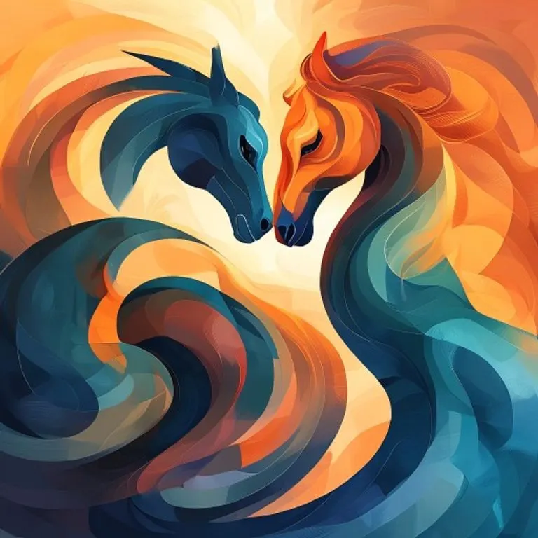 Una representación artística digital que fusiona elegantemente los perfiles estilizados de una serpiente y un caballo, entrelazados en un diseño que simboliza su compleja y complementaria relación en el zodiaco chino.