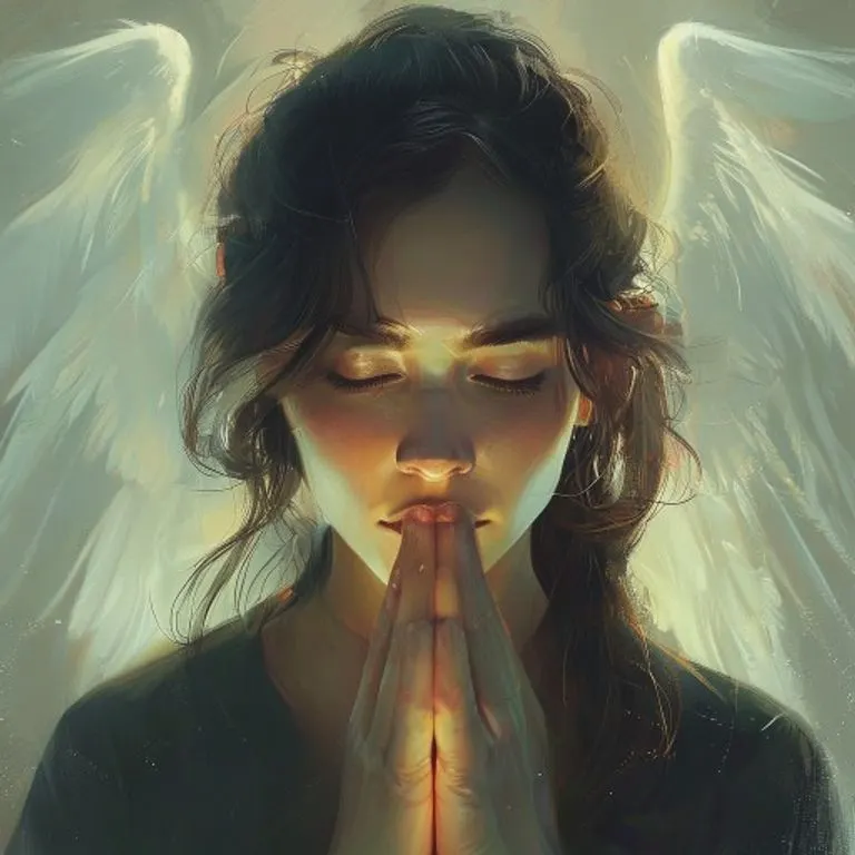 Manos en posición de oración con un rosario, rodeadas de una suave luz que evoca paz y devoción espiritual. Estilo de fotografía cinematográfica.