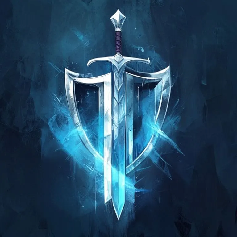 Un escudo y una espada estilizados con motivos celestiales, simbolizando la fortaleza y la defensa espiritual. Estilo de ilustración digital 3D.