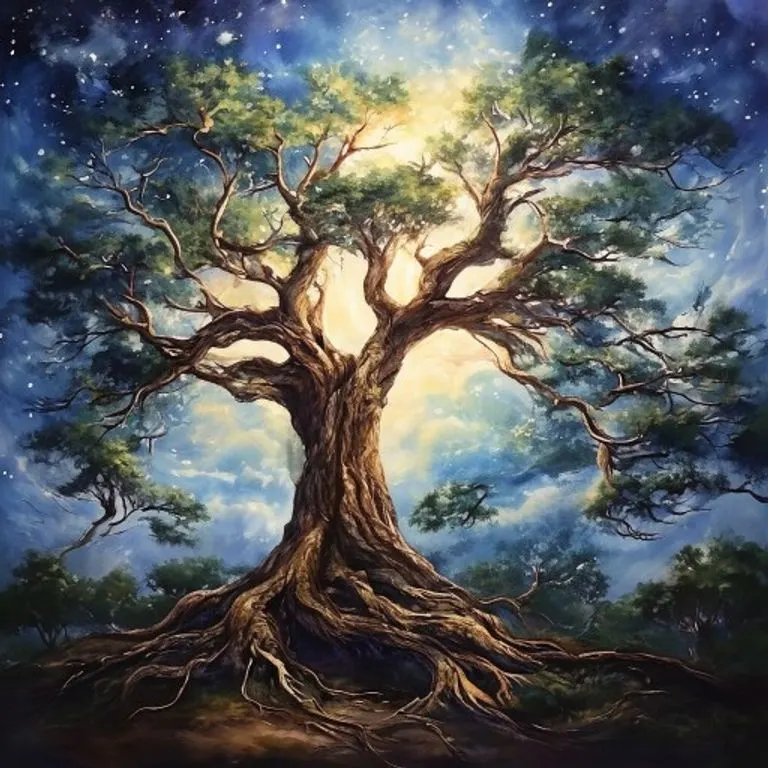 Pintura al óleo de un árbol milenario con raíces profundas y ramas extensas, simbolizando a Dios Padre como el Creador y Sustentador de la existencia.