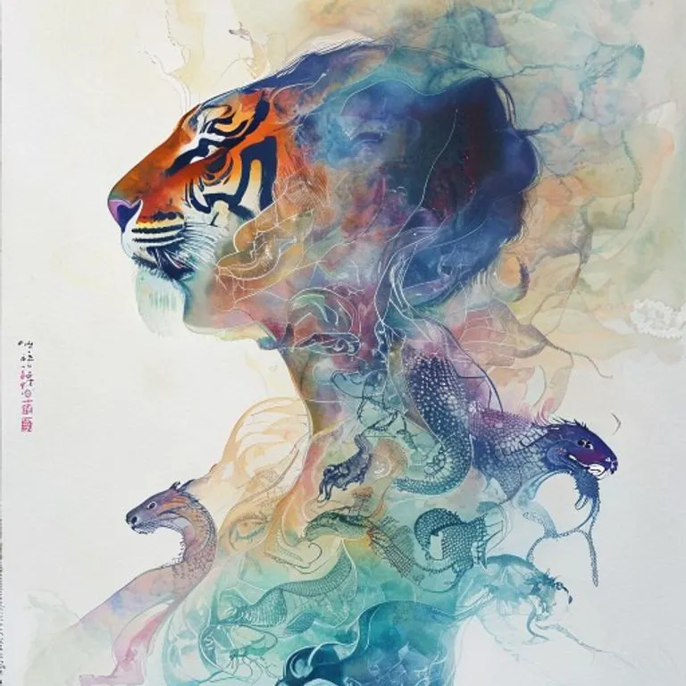 A watercolor painting depicts a human silhouette subtly overlaid with translucent animal figures, illustrating the layered and profound influence of ascendant signs on an individual's character.