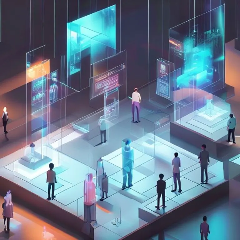 Una galería de arte virtual futurista con esculturas holográficas y exposiciones digitales interactivas, mostrando la ausencia de límites físicos en el espacio de exhibición.