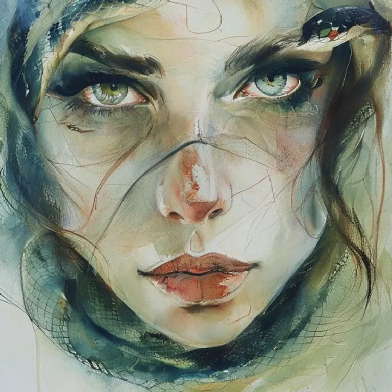 Retrato de una mujer con rasgos enigmáticos y mirada profunda, simbolizando la naturaleza misteriosa y sabia de la Serpiente en el horóscopo chino, con un fondo oscuro y texturas sutiles.
