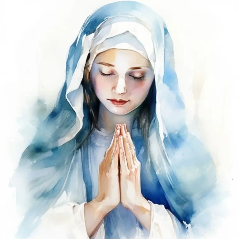 Acuarela de la Virgen María en actitud de contemplación serena, con tonos suaves y celestiales.