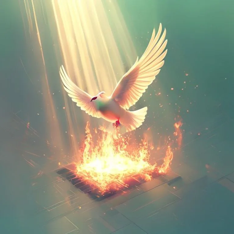Ilustración digital que representa la venida del Espíritu Santo en Pentecostés, con llamas y luz sobre figuras humanas.