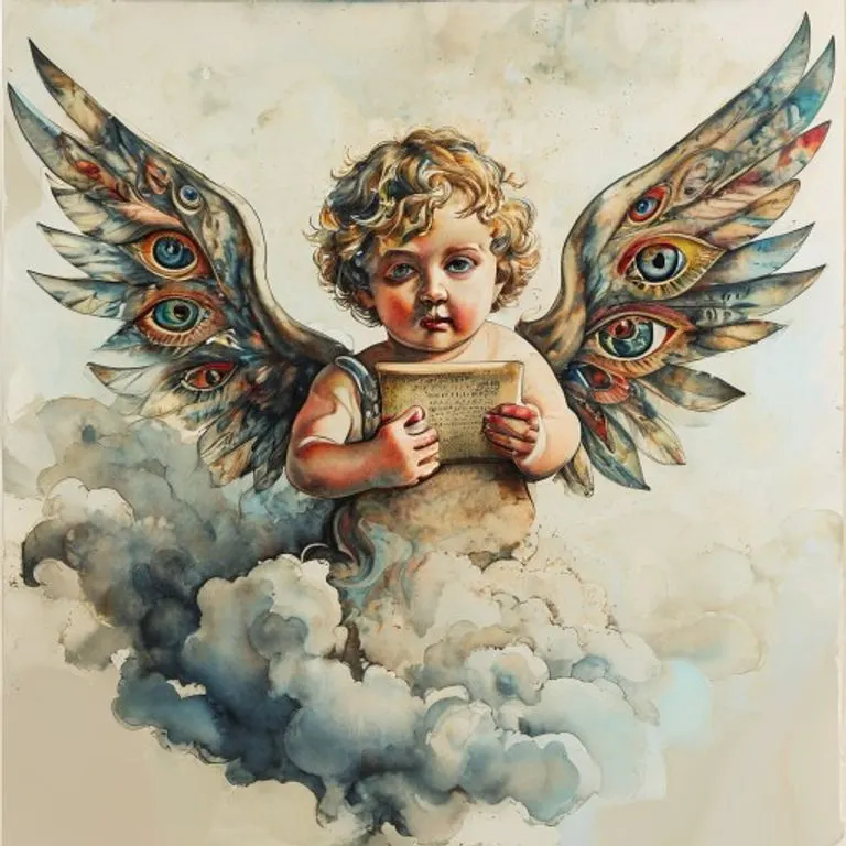 Un Querubín, con sus alas llenas de ojos y su rostro sabio, simboliza la plenitud del conocimiento y la protección de la sabiduría divina.