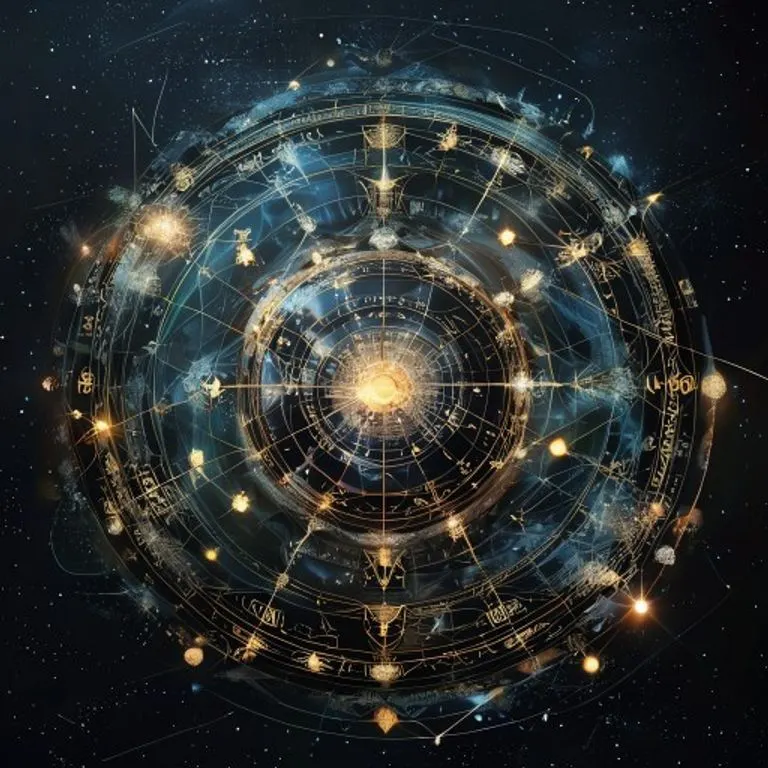 A detailed astrological birth chart overlayed with planetary aspects and houses, illustrating complex cosmic influences on personal destiny.