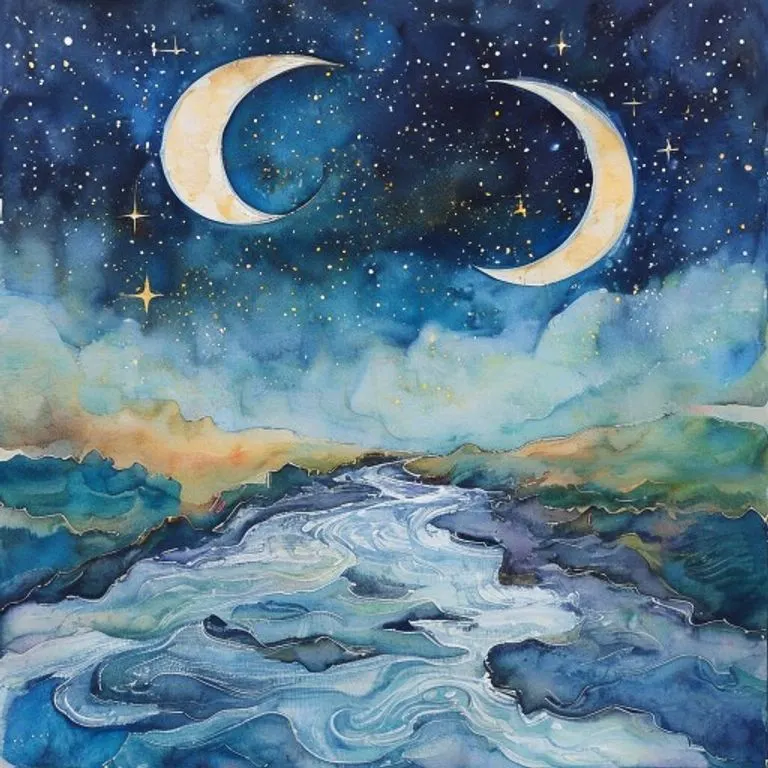 A serene watercolor painting of the moon progressing through its various phases, symbolizing the cyclical nature of astrological influences and intuitive flow.