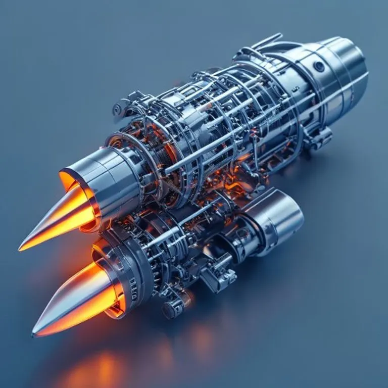 Render isométrico detallado de un motor de cohete reutilizable, mostrando la ingeniería avanzada y componentes complejos.