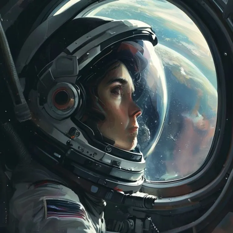 Un astronauta observa la Tierra desde el interior de una estación espacial futurista, con grandes ventanales y tecnología avanzada.