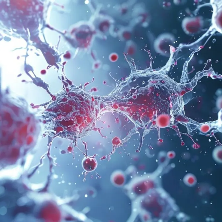 Vista ampliada de una sinapsis neuronal, mostrando la interacción de neurotransmisores y receptores en la modulación de la recompensa y la comunicación cerebral.