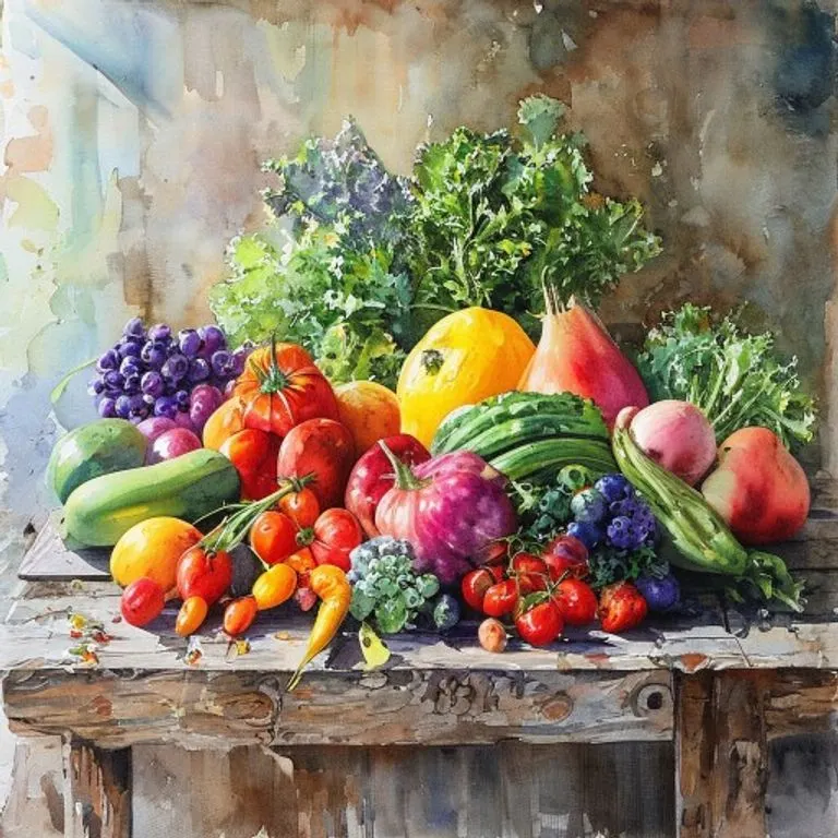 Un vibrante bodegón de alimentos frescos, pintado en acuarela, que incluye frutas como manzanas y naranjas, verduras como zanahorias y brócoli, y granos enteros. Los colores son suaves y orgánicos, evocando una sensación de frescura y naturalidad. La composición es equilibrada y visualmente atractiva, simbolizando una dieta rica y variada.