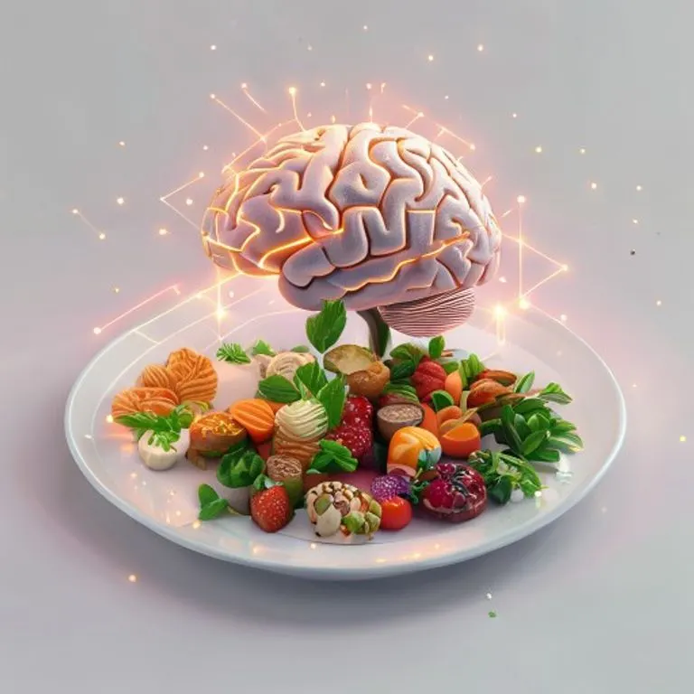 Una ilustración digital que representa la conexión mente-cuerpo a través de un cerebro estilizado en tonos azules y verdes, del cual emanan líneas orgánicas que se entrelazan con siluetas de alimentos frescos y una figura humana en postura meditativa. La imagen transmite calma y equilibrio, simbolizando la atención plena en la alimentación y la armonía interna.